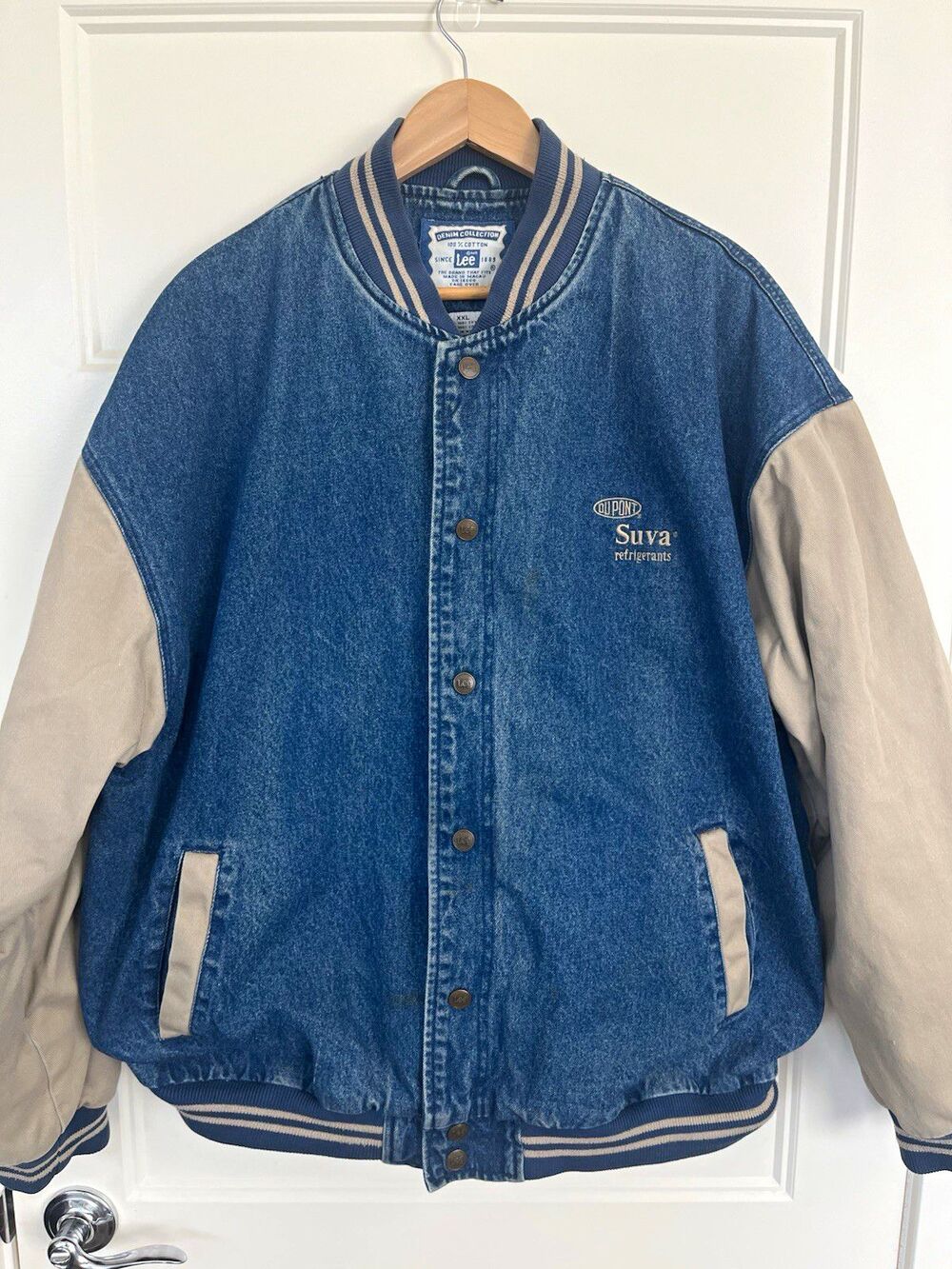 Vintage 90s Lee Denim Varsity Jacket DuPont Suva Refrigerants Bomber XXL Cotton